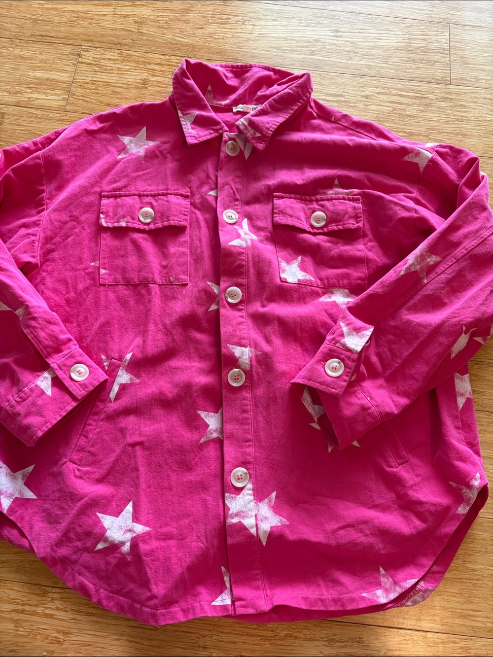 Main Strip Pink Star Print Denim Shirt Jacket Shacket size large festival boho